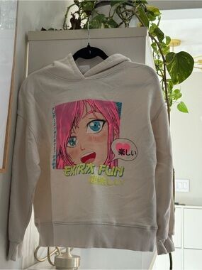 Zara Cream Hoodie with Pink Anime Graphic and Blue Eyes